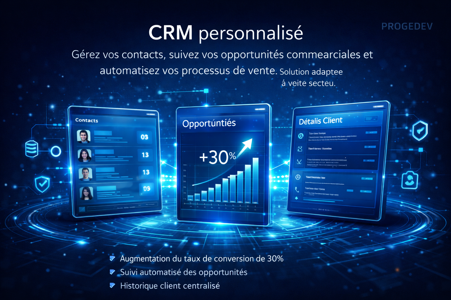 CRM Personnalisé PROGEDEV - Suivi opportunités relation client amélioration taux conversion